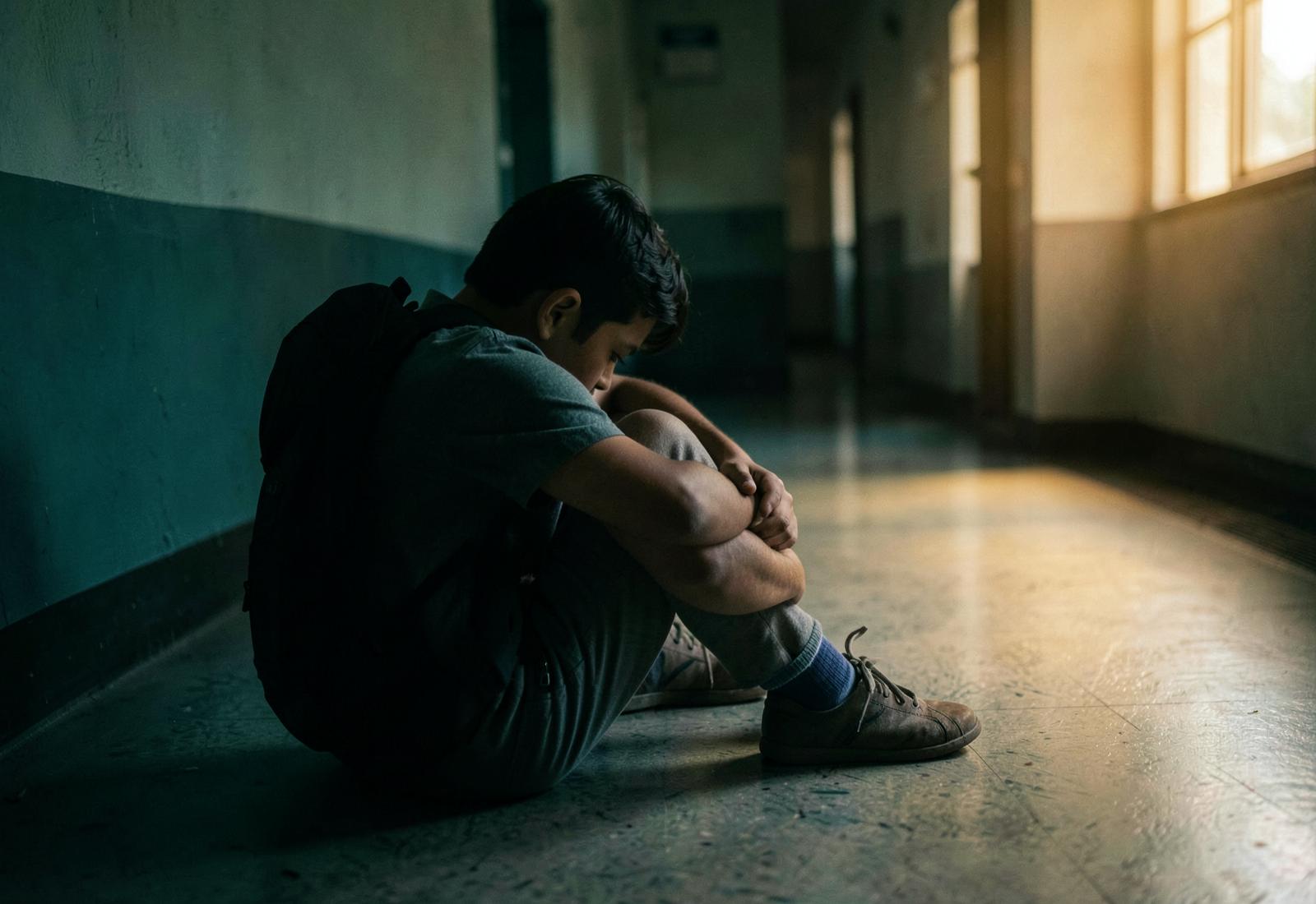 Estudante sentado sozinho no corredor de uma escola, com a cabeça apoiada nos joelhos, enquanto a luz de uma janela ilumina o fim do corredor