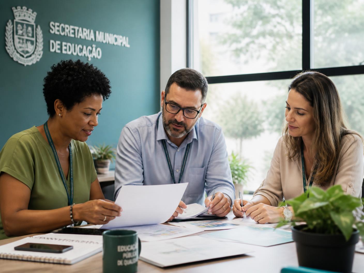Equipe de uma Secretaria Municipal de Educação analisando indicadores em reunião